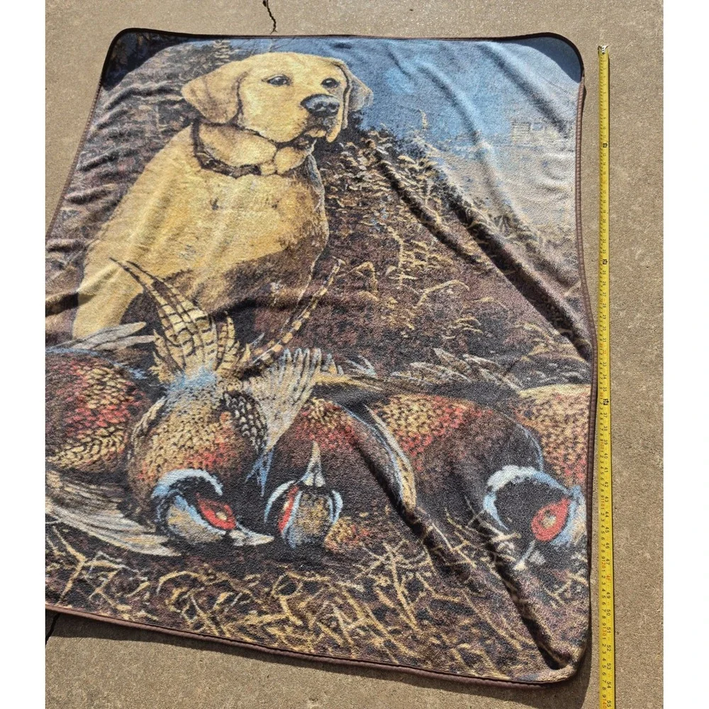 Vintage Yellow Lab Hunting Dog Pheasant Fleece Throw Blanket Cabin Decor 56x46